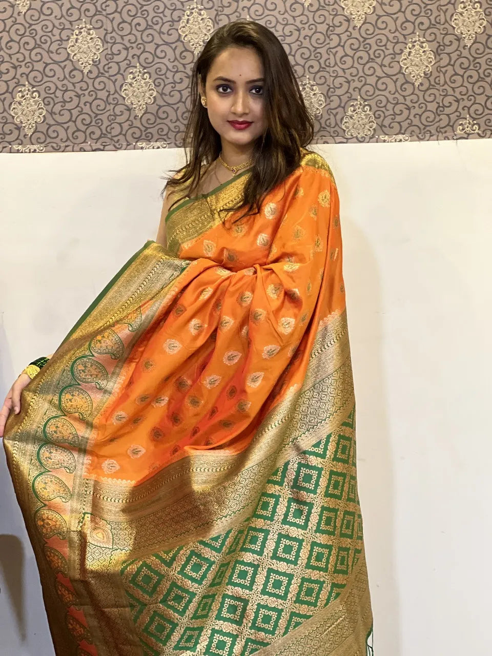 Soft Silk Saree with Zari Weaving | Paithani Saree for Wedding & Festive Wear (Orange)